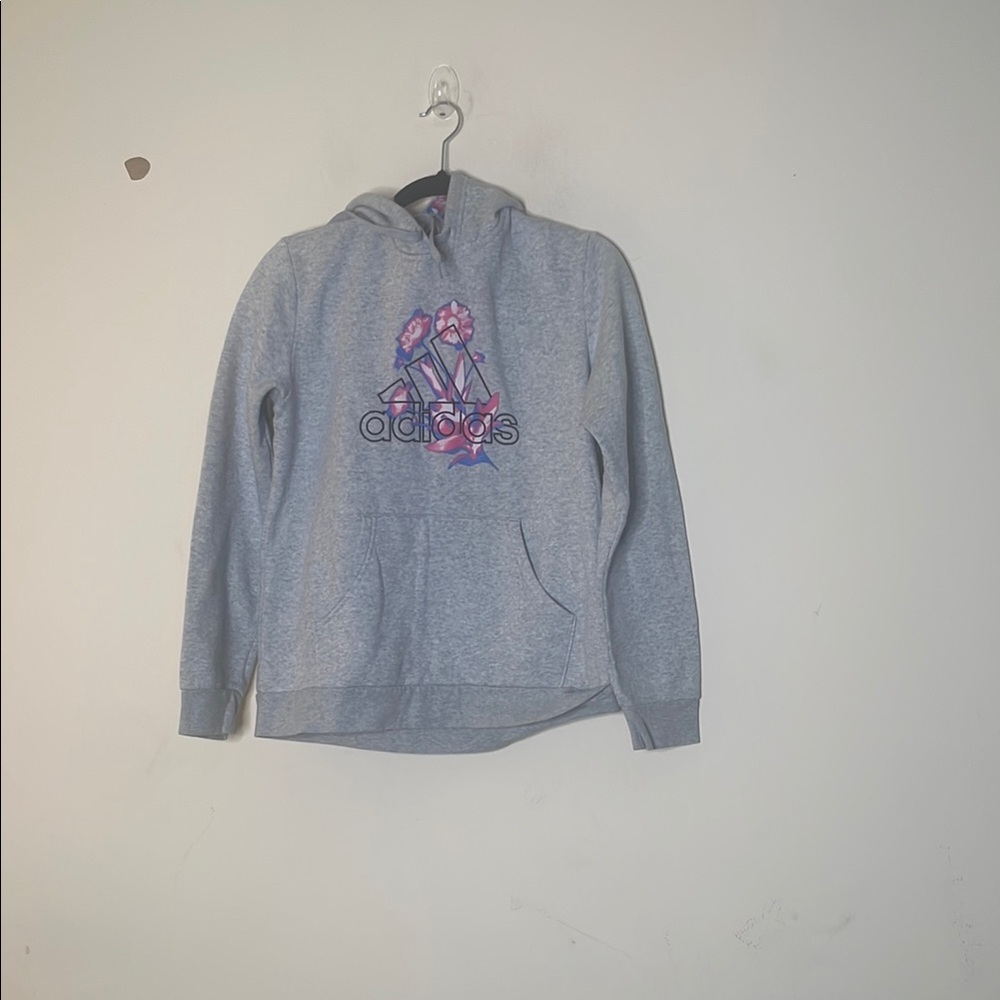 Adidas Gray Hoodie with Pink and Purple Logo